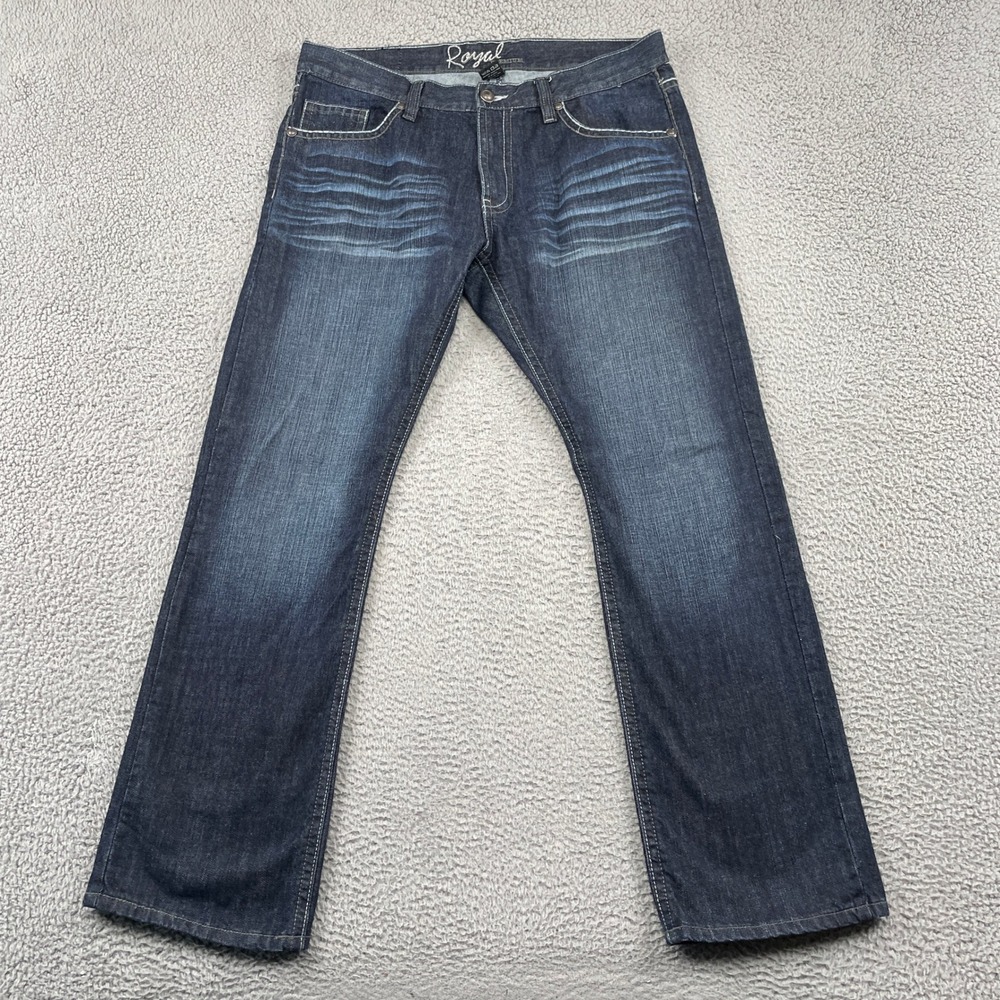 Royal Premium Jeans Men 38X32 Blue Straight Leg Denim Embroidered Pockets Cotton
